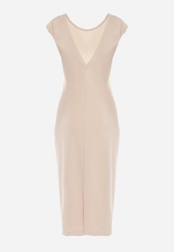 Born2be - Beżowa Taliowana Sukienka Bez Rękawów z Ozdobnym Marszczeniem Lunala. Okazja: na co dzień. Kolor: beżowy. Materiał: skóra. Długość rękawa: bez rękawów. Styl: casual