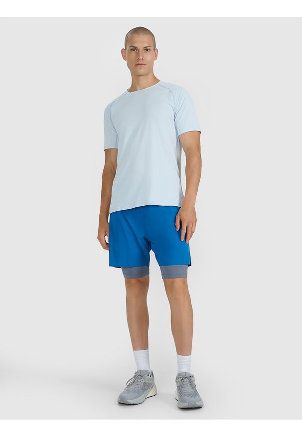 4f - 4F Spodenki 2w1 do biegania w terenie szybkoschnące męskie - granatowe XL. Kolor: niebieski. Materiał: tkanina, elastan, włókno, syntetyk, materiał. Długość: krótkie. Wzór: gładki. Sport: fitness, bieganie