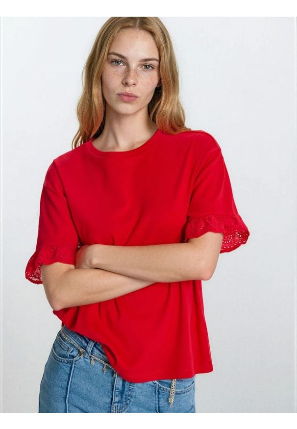 Sinsay - Bawełniana bluzka z ażurowymi detalami - czerwony. Kolor: czerwony. Materiał: bawełna. Wzór: ażurowy