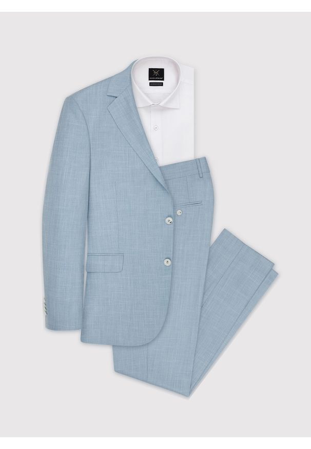 Pako Lorente - PAKO LORENTE – Błękitna marynarka garniturowa o widocznej strukturze. Okazja: na wesele, na ślub cywilny, na komunię. Kolor: niebieski. Materiał: wełna. Styl: elegancki