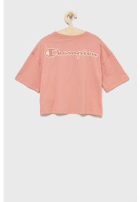 Champion t-shirt bawełniany dziecięcy kolor różowy. Kolor: różowy. Materiał: bawełna. Długość rękawa: krótki rękaw. Długość: krótkie. Wzór: aplikacja