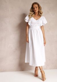 Renee - Biała Taliowana Sukienka Maxi z Falbanami Giftis. Kolor: biały. Wzór: aplikacja. Długość: maxi #4