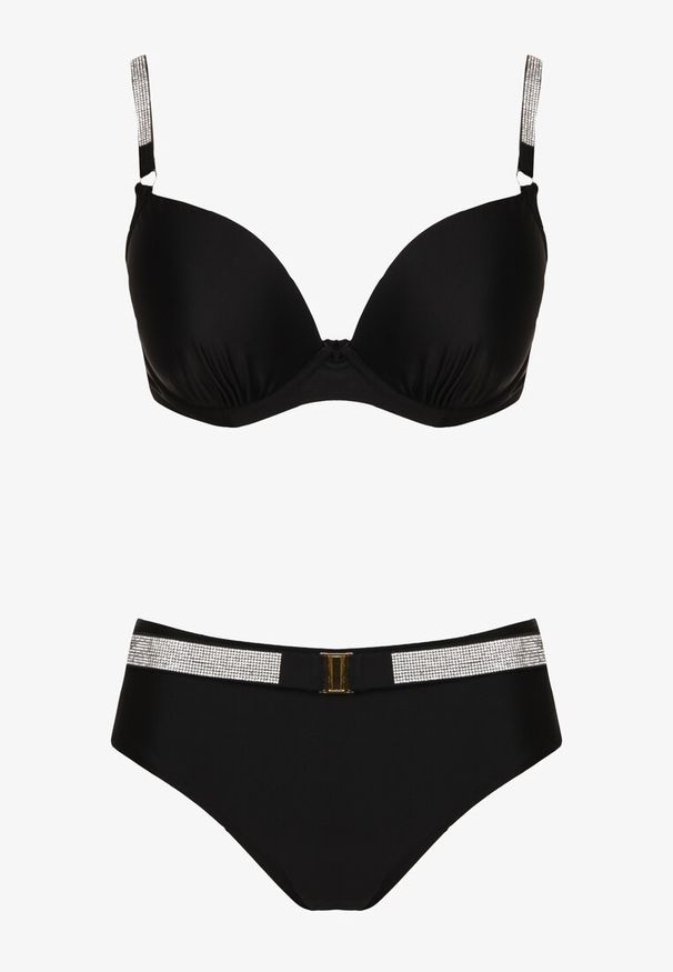 Renee - Czarne Bikini Majtki Figi i Biustonosz z Cyrkoniami Tenumela. Kolor: czarny. Wzór: aplikacja, kwiaty
