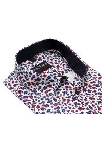 Granatowo - bordowa koszula męska Modini w kwiaty DD6. Okazja: na co dzień, do pracy. Kolor: czerwony, niebieski, wielokolorowy. Materiał: bawełna, jeans, tkanina. Długość: długie. Wzór: kwiaty. Styl: casual, elegancki #1