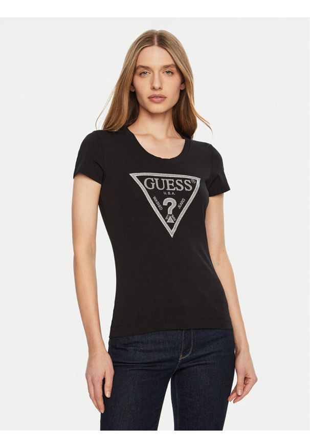 Guess T-Shirt SS CN SHINY TRIANGLE Czarny Shirt Fit. Kolor: czarny. Materiał: bawełna