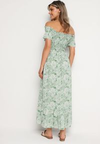 Born2be - Zielona Sukienka Hiszpanka z Bawełny Ozdobiona Falbanką Risalens. Okazja: na spacer, na co dzień. Typ kołnierza: dekolt hiszpanka. Kolor: zielony. Materiał: bawełna. Długość rękawa: krótki rękaw. Wzór: aplikacja. Typ sukienki: proste. Styl: casual #6