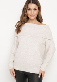 Born2be - Beżowy Sweter z Wełną Wiskozą i Wywiniętym Dekoltem Ravarina. Okazja: na co dzień. Kolor: beżowy. Materiał: wiskoza, wełna. Długość rękawa: długi rękaw. Długość: długie. Styl: elegancki, casual #6