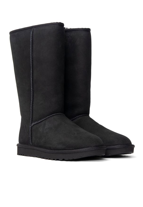 Ugg - UGG W Classic Tall II Buty zimowe damskie czarne. Okazja: na co dzień, na plażę. Wysokość cholewki: przed kolano. Kolor: czarny. Materiał: wełna, zamsz, materiał. Szerokość cholewki: normalna. Sezon: zima. Styl: młodzieżowy, klasyczny, casual, elegancki