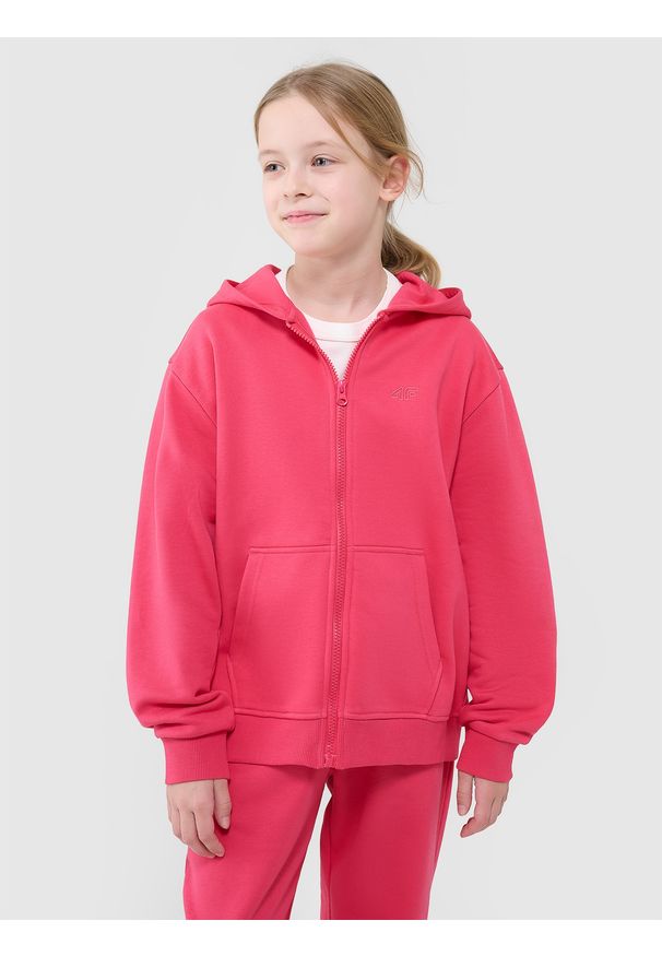 4f - 4F Bluza dresowa rozpinana z kapturem dziewczęca - różowa 146 (10-11 lat). Okazja: na co dzień. Typ kołnierza: kaptur. Kolor: różowy. Materiał: dresówka. Wzór: gładki, ze splotem. Sezon: lato. Styl: casual, sportowy