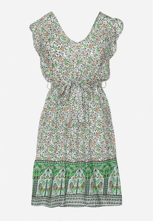 Born2be - Zielona Wiskozowa Sukienka o Rozkloszowanym Kroju z Wiązanym Paskiem Sepona. Okazja: na co dzień. Typ kołnierza: dekolt w kształcie V. Kolor: zielony. Materiał: wiskoza. Wzór: aplikacja. Styl: casual, elegancki