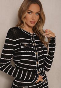 Renee - Czarny Komplet z Dzianiny z Wiskozą w Prążki Kardigan i Spódnica Sepelisse. Kolor: czarny. Materiał: dzianina, wiskoza. Wzór: prążki #4