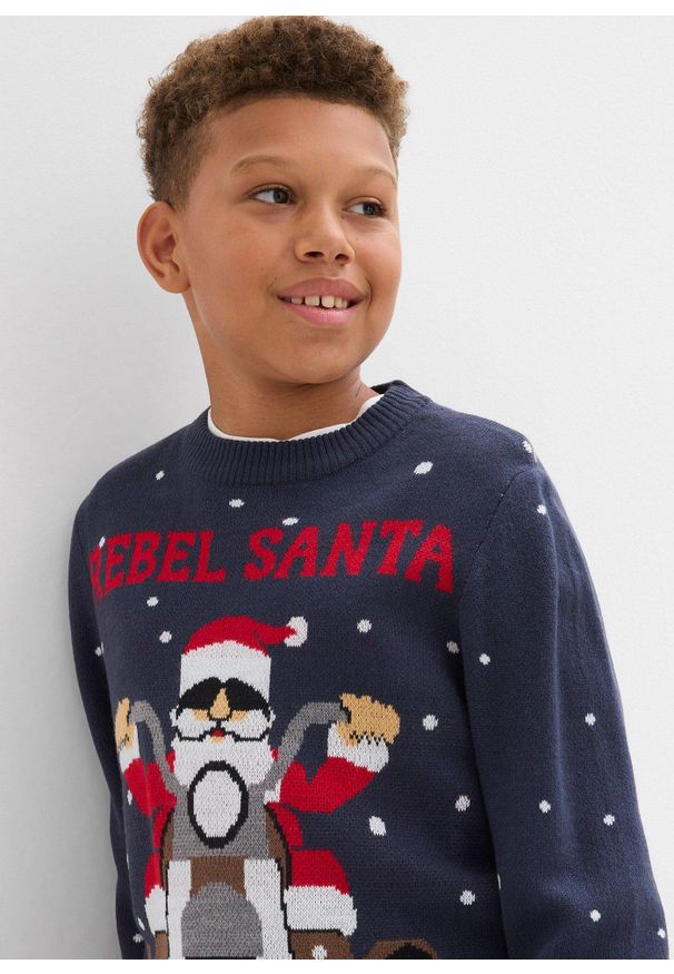 bonprix - Cienki sweter z motywem bożonarodzeniowym. Kolor: niebieski. Styl: wizytowy