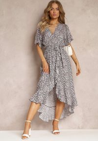 Renee - Granatowo-Różowa Kwiecista Sukienka Midi z Gumką i Materiałowym Paskiem w Talii Hidrett. Typ kołnierza: dekolt kopertowy. Kolor: niebieski. Materiał: materiał. Długość rękawa: krótki rękaw. Sezon: wiosna, lato. Typ sukienki: kopertowe. Długość: midi #4