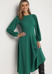 Born2be - Zielona Rozkloszowana Midi Sukienka z Eleganckimi Luźnymi Rękawami Samriddhi. Kolor: zielony. Sezon: jesień, zima. Styl: elegancki. Długość: midi #3