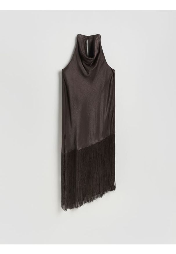 Reserved - Sukienka z frędzlami - ciemnobrązowy. Kolor: brązowy. Materiał: tkanina, wiskoza. Wzór: gładki. Typ sukienki: proste