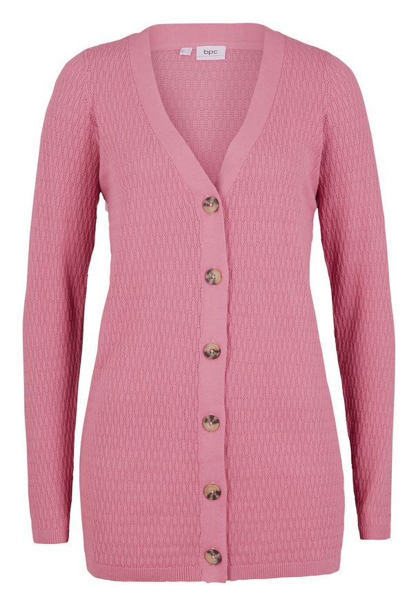 Sweter rozpinany w ażurowy wzór bonprix jeżynowy sorbetowy. Kolor: fioletowy. Wzór: ażurowy