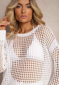 Renee - Biała Bluzka z Ażurowej Dzianiny z Obniżoną Linią Ramion Limira. Kolor: biały. Materiał: dzianina. Wzór: ażurowy #4