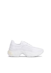 Kazar - Białe skórzane sneakersy damskie na grubej profilowanej podeszwie. Kolor: biały. Materiał: skóra. Szerokość cholewki: normalna. Wzór: jednolity, aplikacja, gładki #1