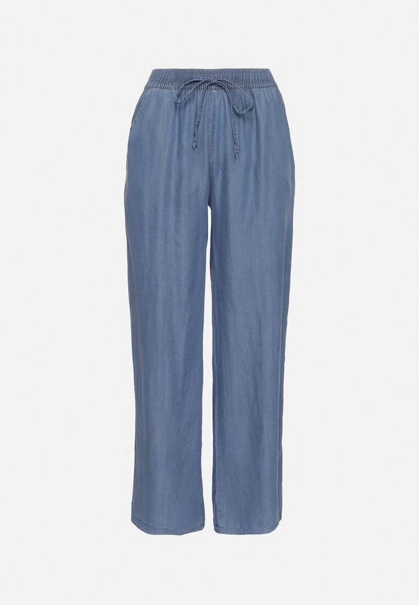 Born2be - Niebieskie Szerokie Spodnie z Bawełny Ozdobione Wiązaniem Evipoli. Okazja: na co dzień. Kolor: niebieski. Materiał: bawełna. Wzór: aplikacja. Styl: casual, klasyczny