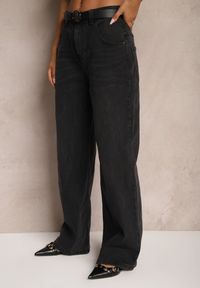 Renee - Ciemnoszare Jeansy High Waist z Bawełny z Paskiem Nevelith. Okazja: na co dzień. Stan: podwyższony. Kolor: szary. Styl: klasyczny, casual