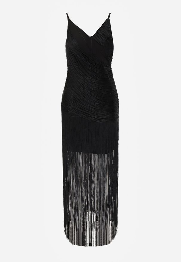 Born2be - Czarna Wieczorowa Sukienka na Ramiączkach z Ozdobnymi Frędzlami Vilinania. Okazja: na wesele, na ślub cywilny, na imprezę. Kolor: czarny. Długość rękawa: na ramiączkach. Typ sukienki: oversize. Styl: wizytowy