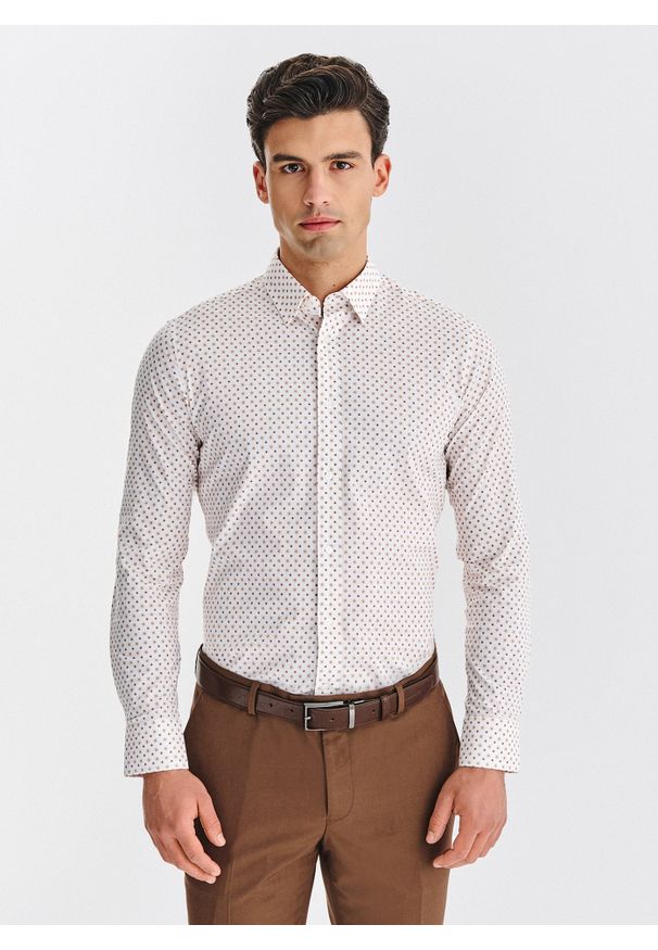 Pako Lorente - PAKO LORENTE – Biała koszula w kwiatowy print. Kolor: biały. Materiał: bawełna, elastan. Długość rękawa: długi rękaw. Długość: długie. Wzór: nadruk, kwiaty