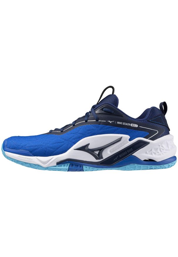 Buty halowe Mizuno Wave Stealth Neo. Kolor: biały, wielokolorowy, niebieski. Materiał: materiał, syntetyk. Szerokość cholewki: normalna. Model: Mizuno Wave