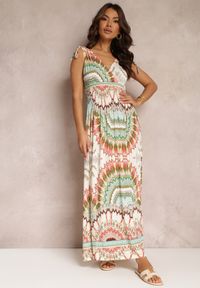 Renee - Zielona Sukienka z Wiskozy ze Wzorem Tie Dye z Gumką w Talii Brisea. Kolor: zielony. Materiał: wiskoza. Długość rękawa: bez rękawów. Sezon: wiosna, lato. Typ sukienki: kopertowe #5