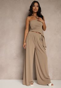 Renee - Brązowy Komplet Top Bandeau z Trenem i Spodnie o Szerokim Kroju Redomiae. Kolor: brązowy. Materiał: jeans