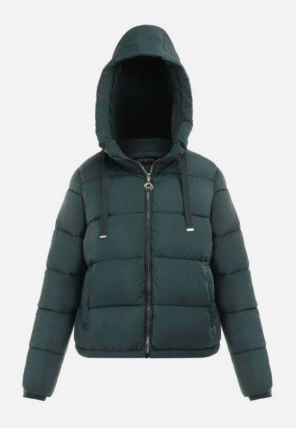 Born2be - Ciemnozielona Kurtka z Kapturem Pikowana Bauwens. Okazja: na co dzień. Typ kołnierza: kaptur. Kolekcja: plus size. Kolor: zielony. Długość: długie. Wzór: aplikacja. Materiał: jeans, materiał, futro. Długość rękawa: długi rękaw. Sezon: jesień, zima. Styl: casual