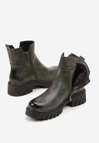 Born2be - Zielone Botki do Kostki na Tłoczonej Podeszwie Zdobione Suwakiem Vodvire. Okazja: na co dzień. Kolor: zielony. Materiał: jeans. Wzór: aplikacja. Styl: elegancki, casual, klasyczny #6
