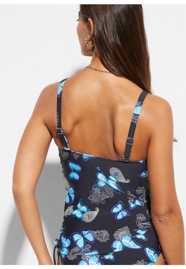 bonprix - Top tankini z wiązanymi troczkami. Kolor: czarny. Materiał: poliamid. Wzór: nadruk