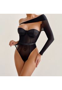 Intica - Body asymetryczne z jednym rękawem na przyjęcia i na co dzień Carmela. Kolor: czarny. Materiał: materiał #10