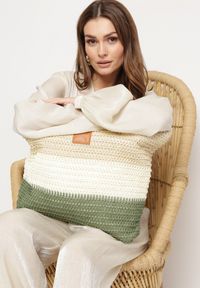 Born2be - Beżowo-Zielona Torebka Tote w Stylu Boho z Plecionki na Suwak Rin. Kolor: zielony. Sezon: lato. Styl: boho #4