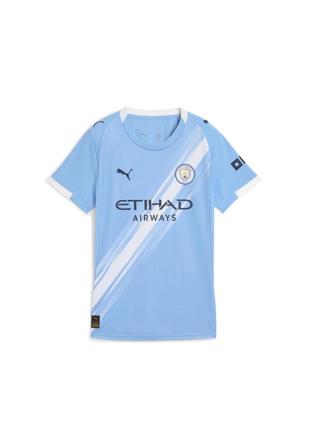 Puma - Damska koszulka domowa Manchester City 25/26 PUMA Team Light Blue White. Kolor: niebieski, wielokolorowy, biały. Wzór: aplikacja, paski. Sport: piłka nożna