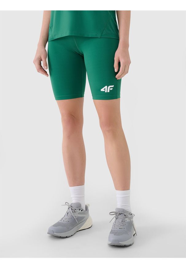4f - 4F Legginsy kolarki treningowe damskie - zielone L. Kolor: zielony. Materiał: dzianina, włókno, syntetyk, materiał, elastan. Wzór: gładki, ze splotem, jednolity. Sport: fitness
