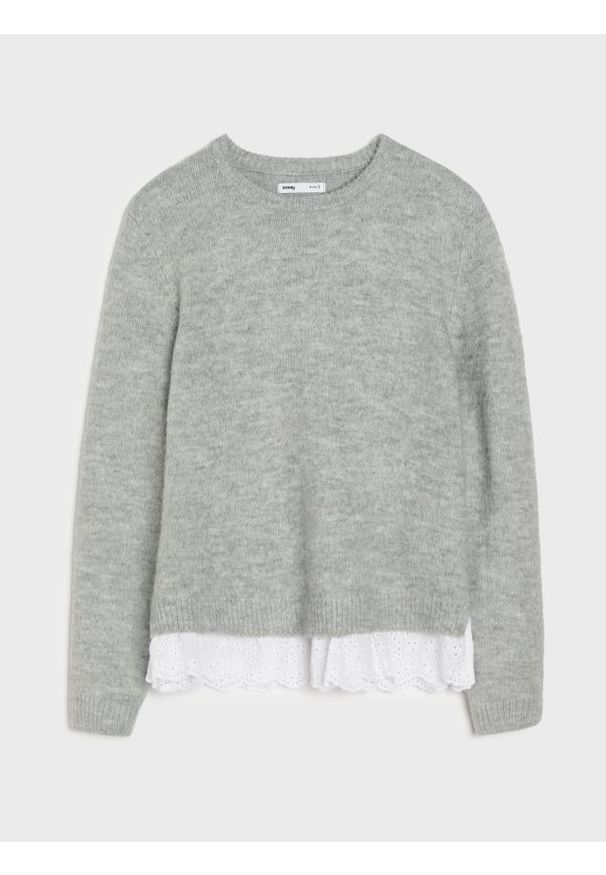 Sinsay - Sweter z haftowanym koszulowym dołem - szary. Kolor: szary. Wzór: haft