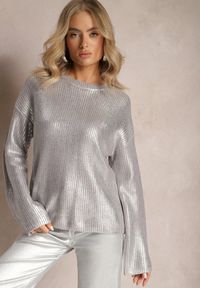 Renee - Srebrny Metaliczny Sweter z Długim Rękawem Vivalei. Kolor: srebrny. Materiał: dzianina. Długość rękawa: długi rękaw. Długość: długie. Styl: klasyczny #3