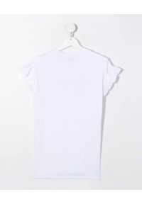 DSQUARED2 KIDS - Biały t-shirt z falbankami na rękawach 4-16 lat. Typ kołnierza: kołnierz z falbankami. Kolor: biały. Materiał: bawełna. Długość rękawa: krótki rękaw. Wzór: napisy. Sezon: lato. Styl: klasyczny