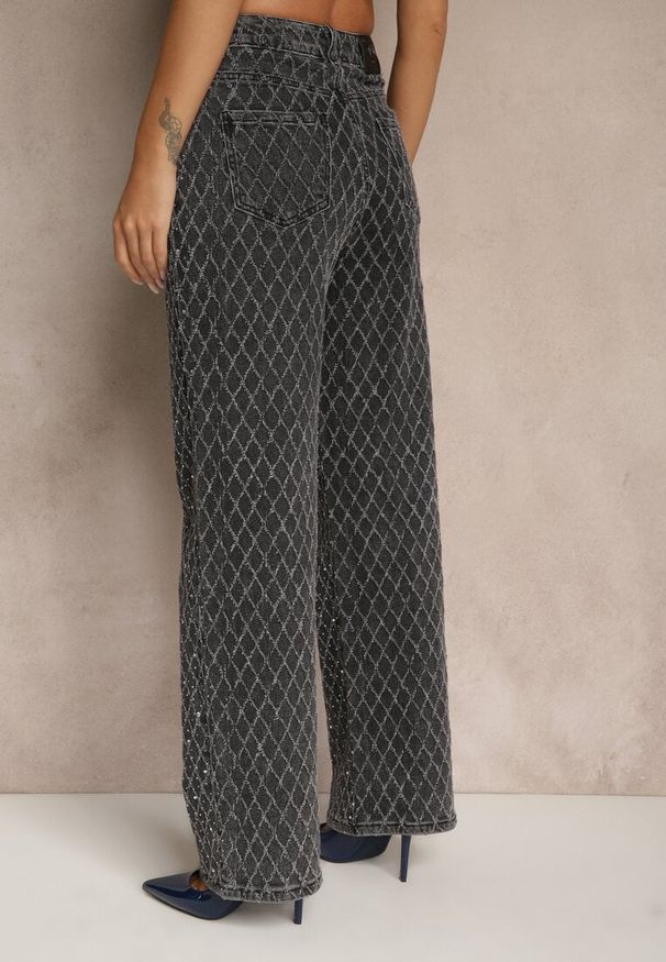 Renee - Szare Szerokie Jeansy High Waist z Cyrkoniowymi Zdobieniami Zarilene. Stan: podwyższony. Kolor: szary. Wzór: aplikacja. Styl: glamour, klasyczny