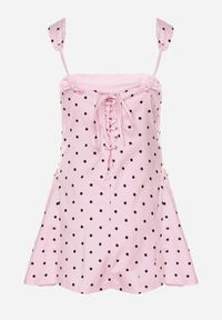 Born2be - Różowa Sukienka Vices w Grochy o Rozkloszowanym Kroju z Wiązaniem na Ramiączkach Saririse. Okazja: na wesele, na ślub cywilny. Typ kołnierza: dekolt gorset, dekolt kwadratowy. Kolor: różowy. Długość rękawa: na ramiączkach. Wzór: grochy. Typ sukienki: gorsetowe #6