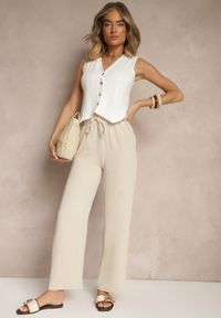 Renee - Beżowe Szerokie Spodnie High Waist z Gumką w Pasie Savimirae. Okazja: na co dzień. Stan: podwyższony. Kolor: beżowy. Styl: casual, elegancki