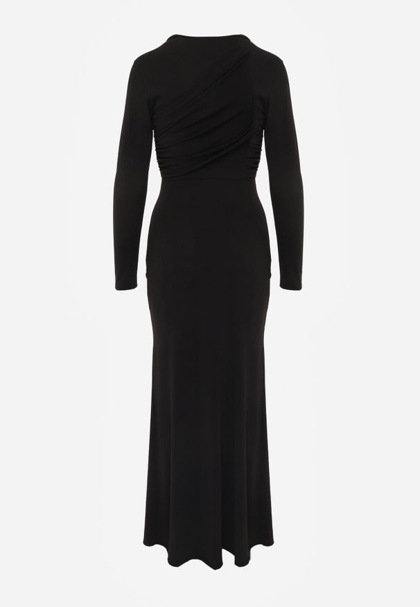 Born2be - Czarna Wieczorowa Sukienka Zdobiona Marszczeniem i Cyrkoniową Aplikacją Thelxienara. Okazja: na wesele, na ślub cywilny, na imprezę. Kolor: czarny. Materiał: materiał. Wzór: aplikacja. Styl: wizytowy