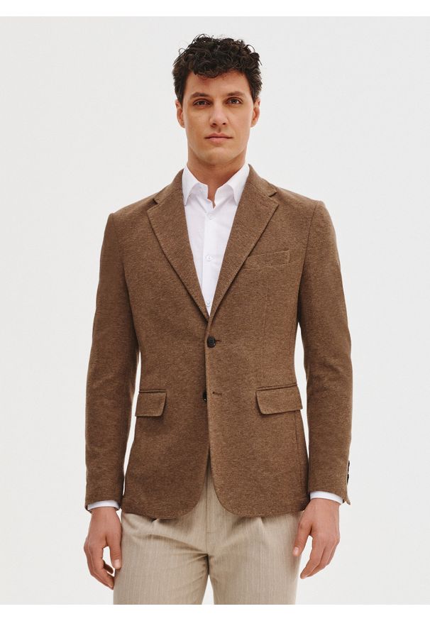 Pako Lorente - PAKO LORENTE - Brązowa marynarka z dzianiny. Kolor: niebieski, brązowy, beżowy. Materiał: dzianina. Sezon: wiosna