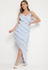Born2be - Niebieska Asymetryczna Sukienka Ozdobiona Falbankami Linariela. Typ kołnierza: kołnierz z falbankami. Kolor: niebieski. Długość rękawa: na ramiączkach. Wzór: aplikacja. Typ sukienki: asymetryczne. Styl: elegancki #1