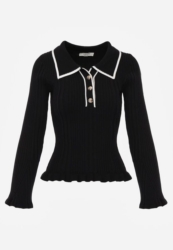 Renee - Czarny Sweter Retro z Wiskozą Zdobiony Kołnierzykiem Falbankami i Guzikami Sirrise. Typ kołnierza: kołnierz z falbankami. Kolor: czarny. Materiał: wiskoza. Długość rękawa: długi rękaw. Długość: długie. Wzór: aplikacja. Styl: retro