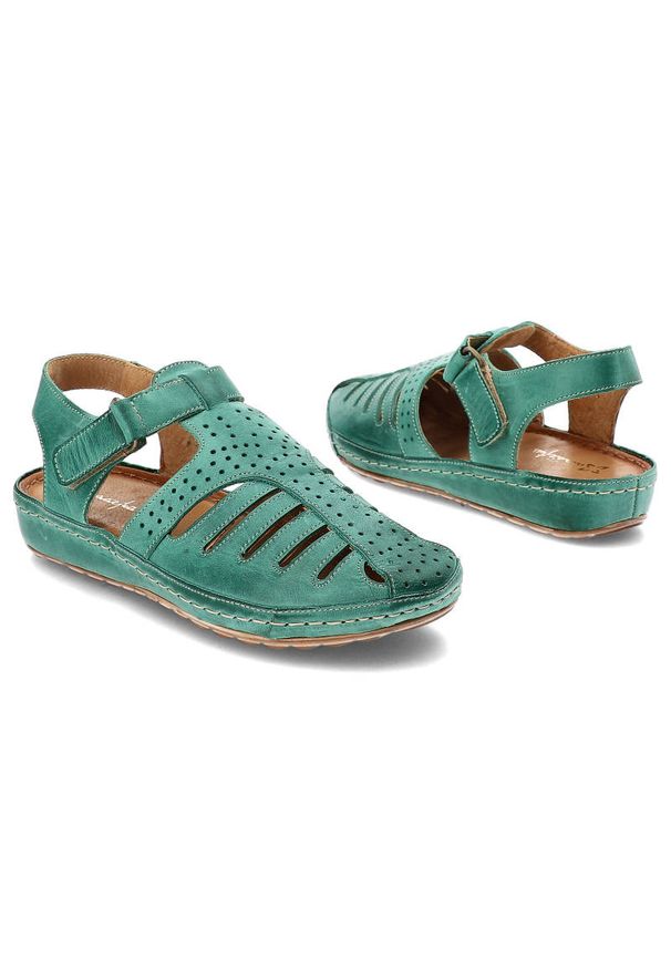 Zielone Sandały Maciejka Wygodne Skórzane Buty. Okazja: na co dzień, na spacer. Zapięcie: rzepy. Kolor: zielony. Materiał: skóra. Szerokość cholewki: normalna. Wzór: ażurowy, aplikacja. Sezon: lato. Styl: wakacyjny, casual
