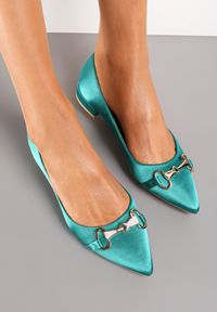 Born2be - Zielone Satynowe Balerinki z Metalową Ozdobą Persefa. Kolor: zielony. Materiał: satyna. Wzór: aplikacja. Styl: elegancki #5