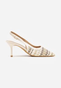 Renee - Beżowe Sandały z Plecionym Motywem Tibindel. Okazja: na imprezę. Zapięcie: sprzączka. Kolor: beżowy. Materiał: jeans. Obcas: na obcasie. Styl: elegancki. Wysokość obcasa: średni #7