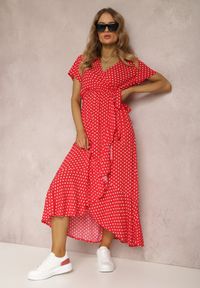 Renee - Czerwona Sukienka Boliphise. Kolor: czerwony. Materiał: tkanina. Długość rękawa: krótki rękaw. Wzór: kropki. Typ sukienki: kopertowe. Styl: klasyczny #5